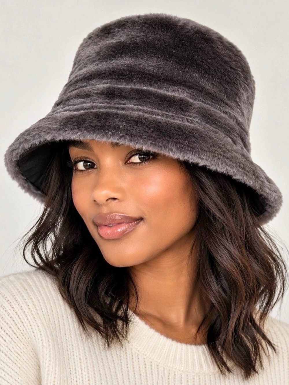 Gray Faux Fur Bucket Hat – New/Never Worn